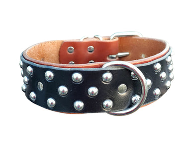 2" Dual Layer Full Grain Studded Leather Dog Collar - fits 18" to 22"